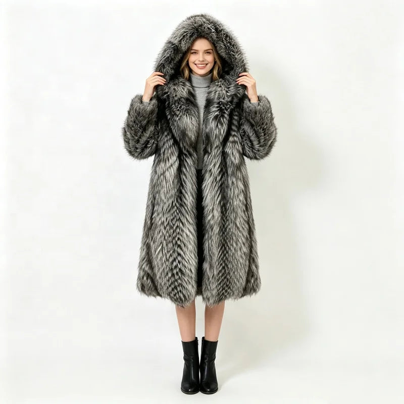 S-6XL Plus Size  Women Winter Silver Gray Hooded Faux Fur Top Quality Coats Full Length Oversized Thick Warm Fluffy Long Overcoat Snow Boots Outerwear Fur Jackets Ladies Luxury Jacket