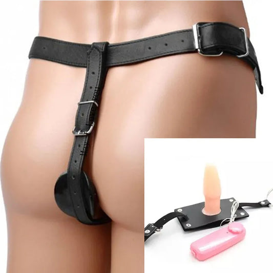 Adult Leather Strapon Harness Man Gays Cock Ring and Butt Plug ,Male Chastity Shorts Device Remote Control,BDSM Bondage Adult Toy