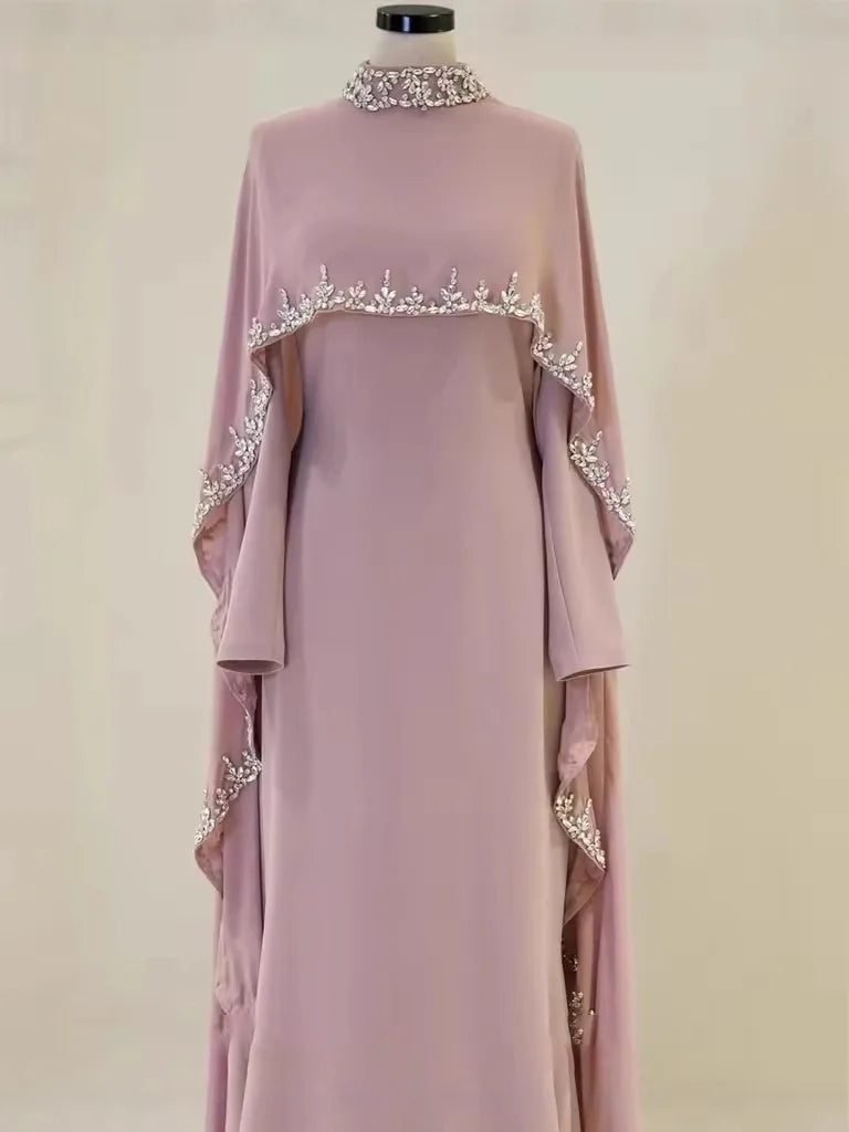 5 Colors Xs-2XL Plus Size Y20 Ramadan Eid Dubai Kaftan Islam Luxury Handmade Shiny Wedding Guest  Party Dresses Rhinestone Neck Elegant Cape Muslim Women Winter Gowns