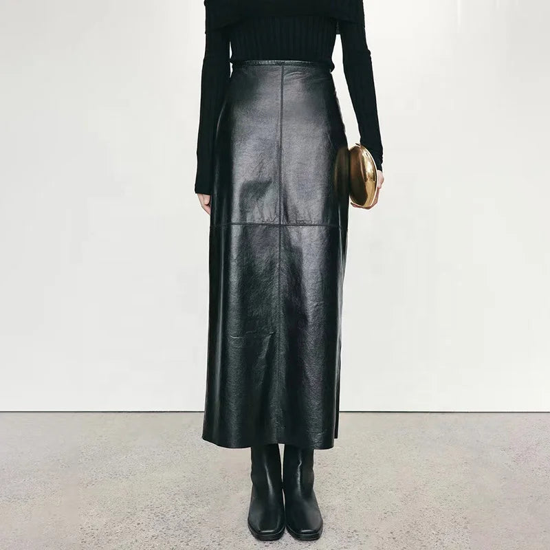 Boutique Gala HOT SALE 100% Real Suede Leather Women Maxi Length Brown/Black Color Leather Skirt Genuine Leather Autumn Spring Summer Office Lady Leather Skirt Ladies Luxury Apparel Accessories