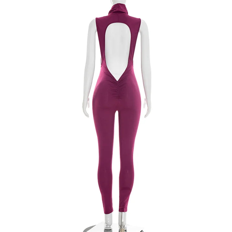 NEW Arrivals Black/Purple/Apricot Color Spring  Summer Women's Sexy Backless Tight Jumpsuit Women Hipster Sexy Turtleneck Backless Skinny One Piece Romper