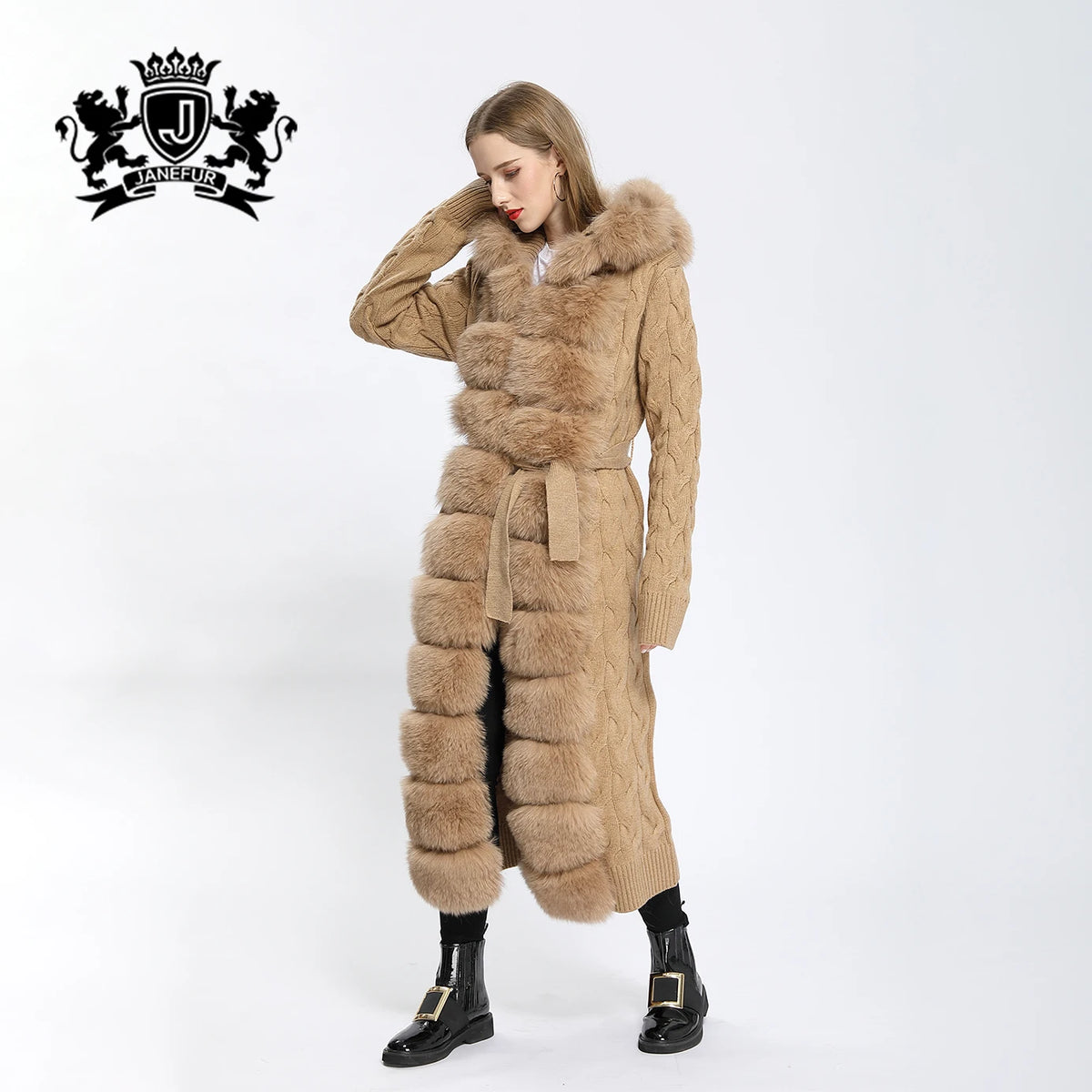 4 Colors Siberian -30"C Popular Women's Natural Real Fur Coat Long Ladies Real Fox Fur Coat Fur Sweater Hooded 120-125cm Length Knit Cardigan Ladies Winter Fashion Apparel Supplies