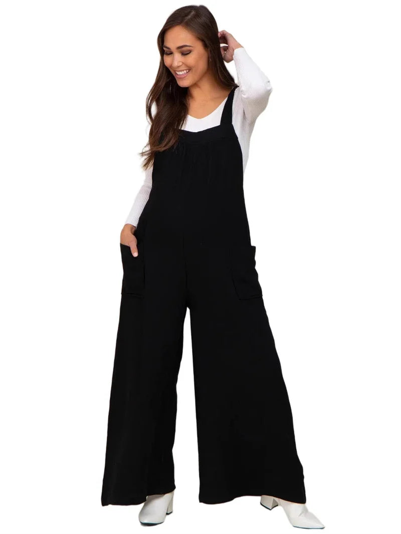 Blue/Black/Khaki Color Women's Casual Maternity Clothing Loose Sleeveless Straps Wide Leg Jumpsuits Pockets for Pregnant Women Overalls for Comfortable Outfits Female Pregnancy Clothing Supplies
