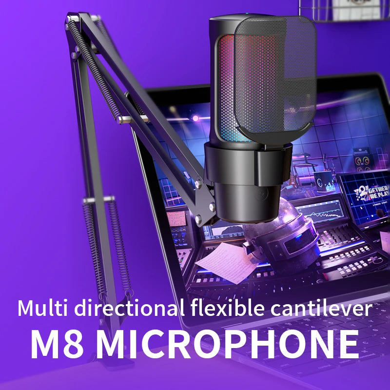 Professional USB/Type-C Metal Condenser Microphone Adjustable Boom Arm RGB Lighting One-Touch Mute Gain Control for Live  Streaming Podcast