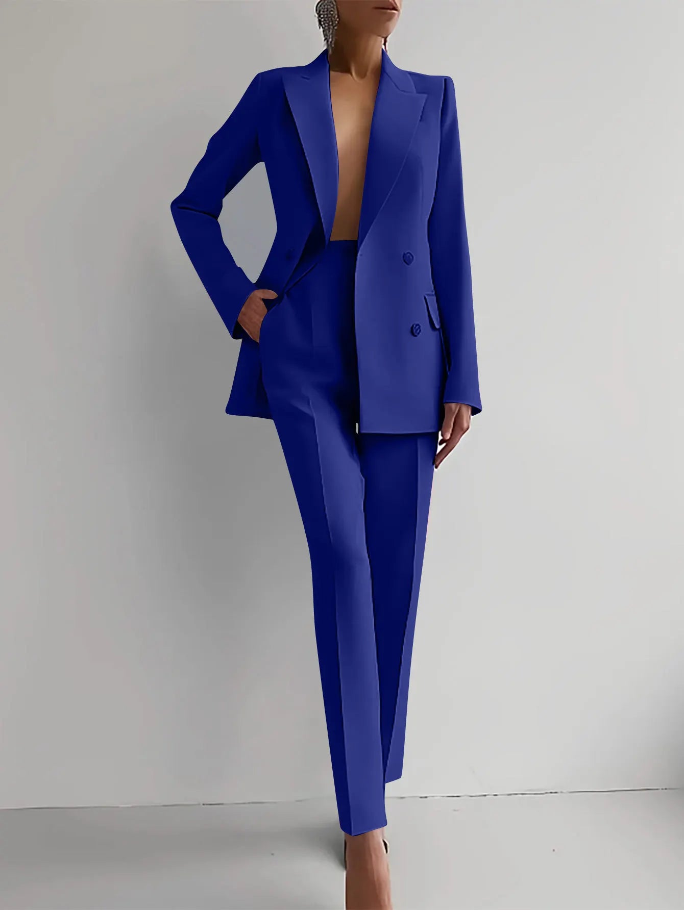 Boutique HOT SALE 2 PCS Set 5 Colors S-2XL Elegant Slim Office Lady Business Night Dinner Evening Party Luxury Blazer Set Women's V-Neck Solid Patchwork Button Long Sleeve Suit