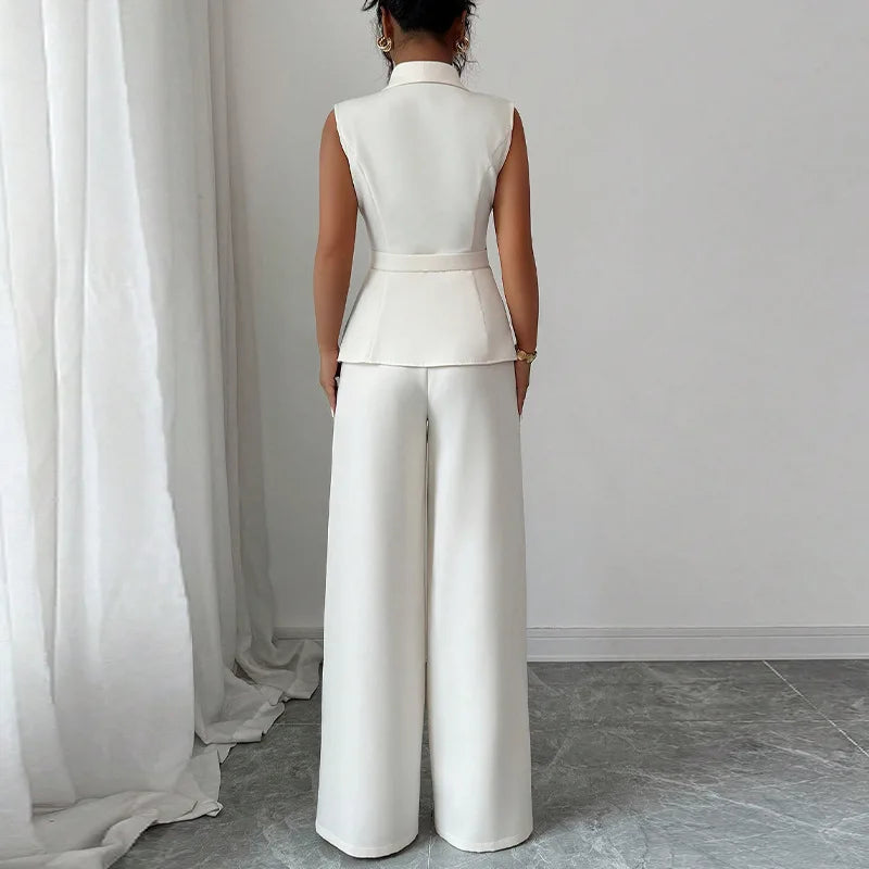 2 PCS Set Women Autumn Spring Summer Outfits Solid Elegant Vest Straight Leg Pants Matching Set Fall Business Night Dinner Office Lady Casual Suit for European American Style Ladies Clothing Supplies