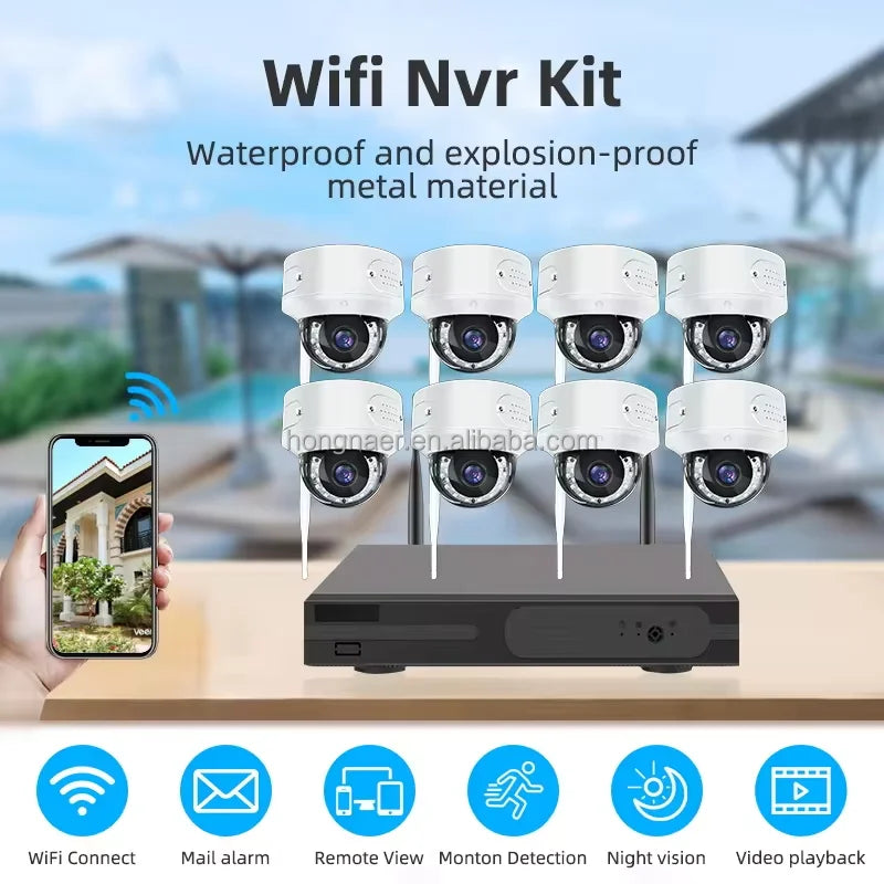 NEW Set Home Villa Professional Top Quality 3MP Outdoor 8 Channel CCTV Home Security Siren Night Vision Face Detection NVR Dome Camera Set Kit System Wi-Fi Wireless IP CCTV Camera Surveillance Systems