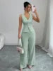 2 PCS Luxury Set 8 Colors S-3XL Summer European American Women's Collarless Spliced Casual Solid Color Sleeveless Skinny Top Quality Vest High-Waisted Long Pants Set Women Clothing Supplies.