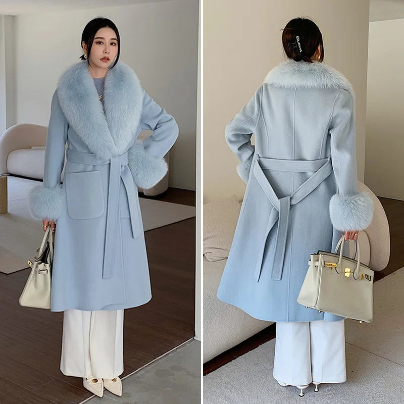 Boutique Gala HOT SALE S-4XL Plus Size Winter Warm Alpaca Real Sheep Wool Long Coats Women Real Cashmere Wool Coat With Detachable Natural Fox Fur Collar Cuffs Outerwear Jackets Ladies Luxury Apparel Supplies