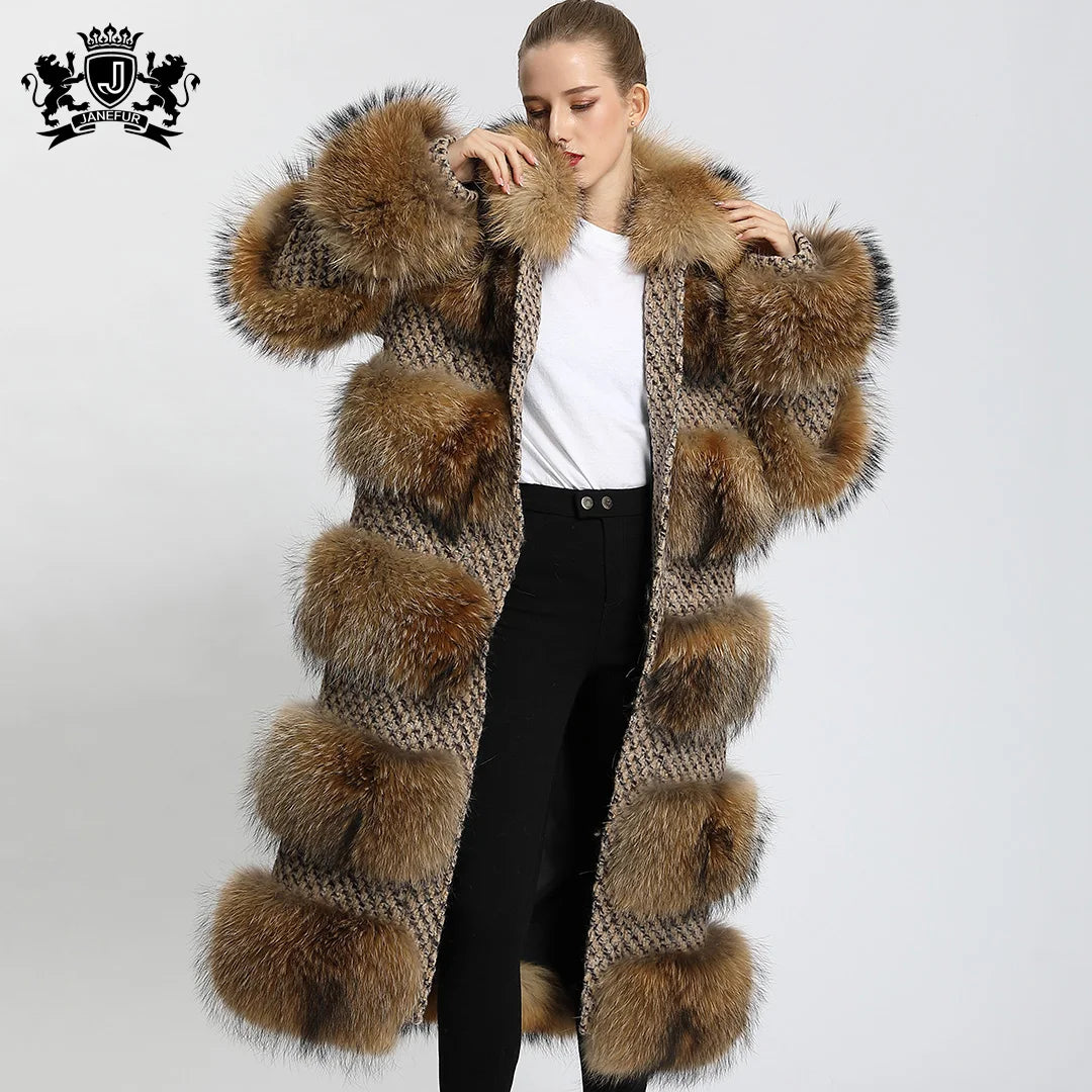 100% Natural Raccoon Fur 4 Colors Women's Winter Long Jacket Style Real Raccoon Fur Coat Plush Fashion Design Long Outerwear Fur Coat Evening Business Party Prom Celebrity Ladies Luxury Apparel Supplies