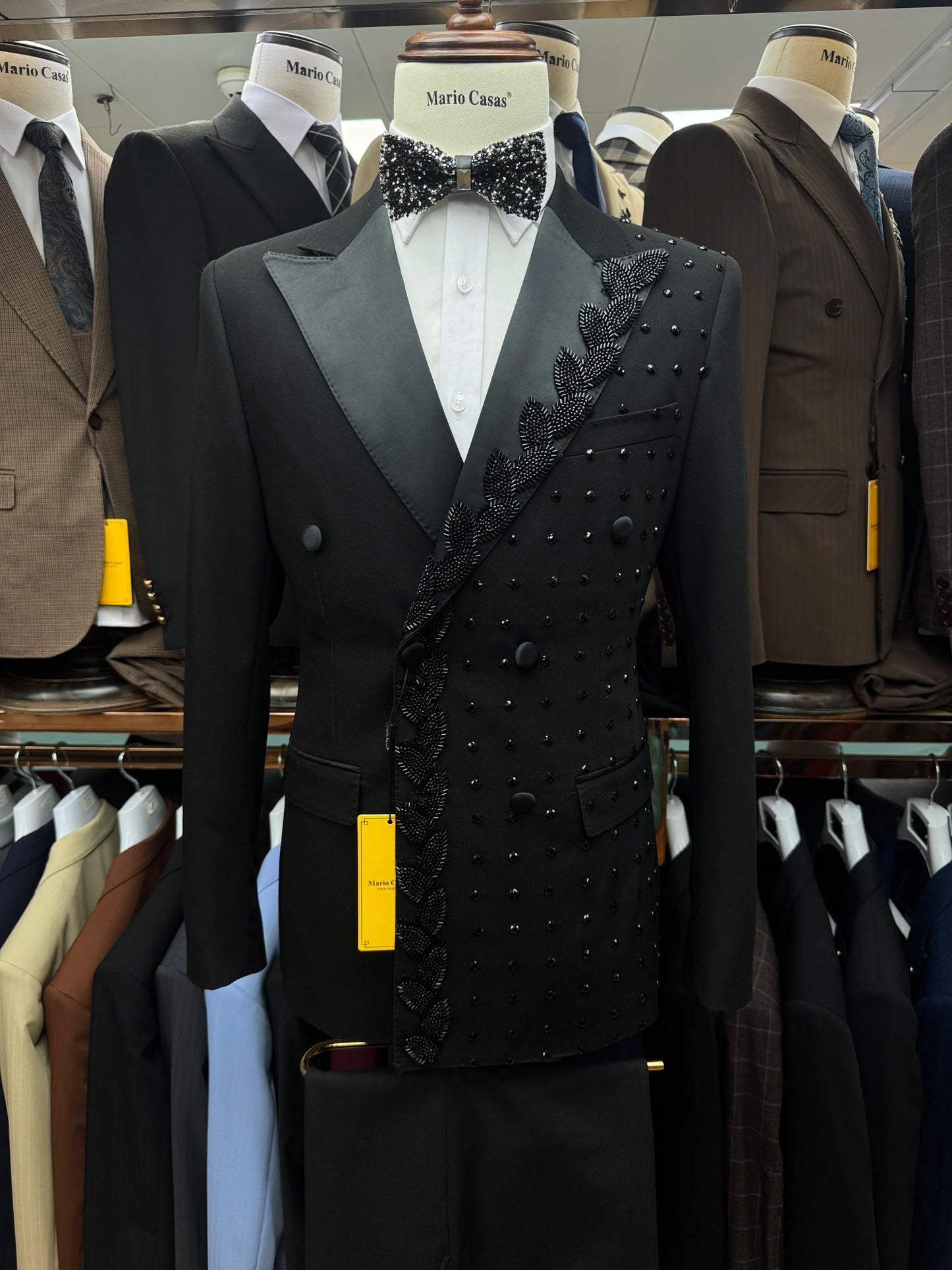 Boutique Gala HOT SALE 2 PCS Set Custom Made Men Slim Fit Double Breasted American Style Luxury Black Tuxedo with Crystal Beading for Wedding Guest Night Dinner Prom Evening Business Party Male Formal Apparel Supplies