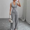 2 PCS Luxury Set 8 Colors S-3XL Summer European American Women's Collarless Spliced Casual Solid Color Sleeveless Skinny Top Quality Vest High-Waisted Long Pants Set Women Clothing Supplies.