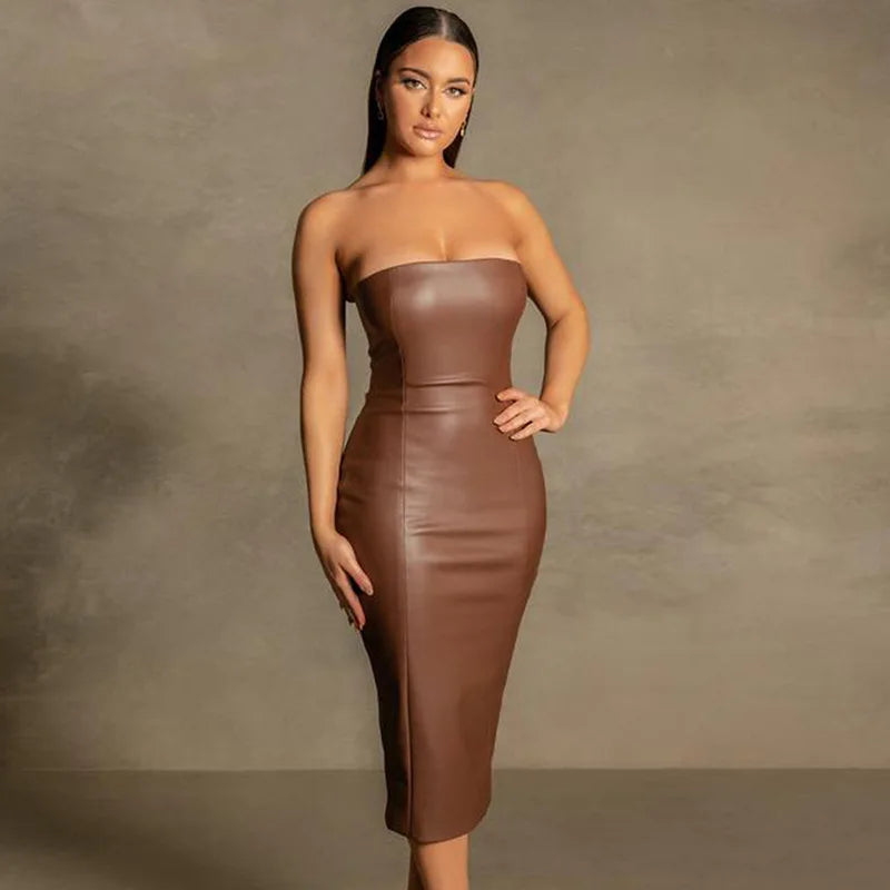 4 Colors New  Fashion Women's Elegant Strapless Zipper Sexy PU Leather Formal Midi Dresses for Ladies Evening Cocktail Party Night Clubwear Leather Gowns Women Sexy Apparel Supplies