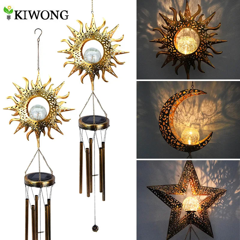 Wind Chimes Solar Lights LED Bulbs Lithium Battery Outdoor Waterproof Hanging Aeolian bells Solar Lamp With Moon Star Sun Shape For Party Garden Festival