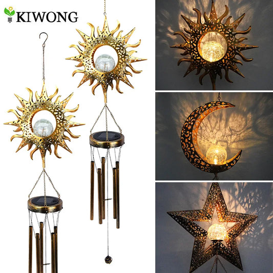 Wind Chimes Solar Lights LED Bulbs Lithium Battery Outdoor Waterproof Hanging Aeolian bells Solar Lamp With Moon Star Sun Shape For Party Garden Festival