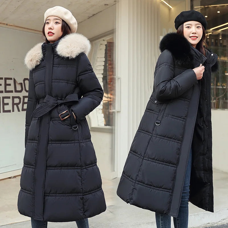 2025 Winter New Down Cotton Jacket Women's X-Long Faux Fur Collar Padded Jacket Thick Loose Large Size Jacket