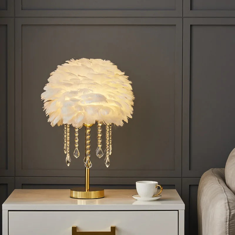 Pink/White Color Italian Modern Luxury Goose Feather Crystal Table Lamp Study Living Bedroom Decoration Lampshade Desk Lamp Bedside Eye Protection Reading Light
