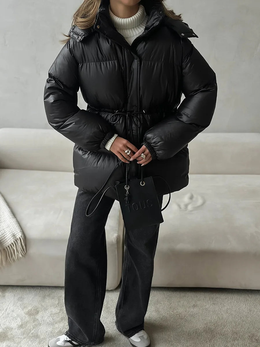 NEW Arrivals 4 Colors Women's Winter Waterproof Parka Mid-Length Soft Drawstring Waist Hooded Puffer Jacket  White Loose Warm Coat Snow Outerwear Jackets Women Winter Apparel Supplies.