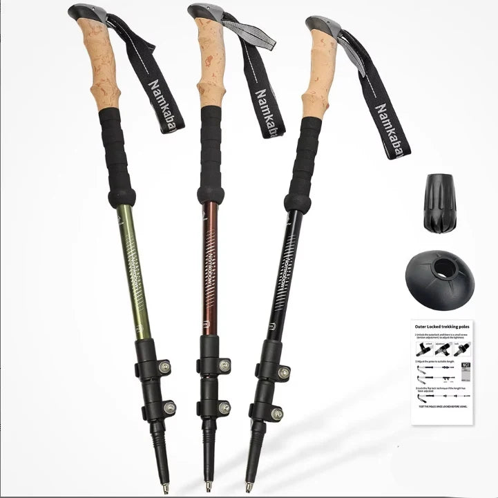 2 PCS Set Modern Durable Portable Outdoor Aluminum Alloy 3-Section Adjustable Length Telescopic Hiking Walking Stick Wood-Like Handle Climbing Walking Hiking Sports Activities Accessories