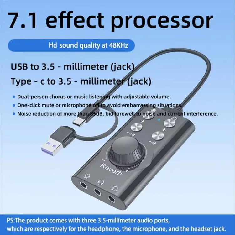 Voice Changing Wireless  USB Type-C To 3.5mm 7.1 Surround Sound Computer Voice Changer External Sound Effects Mixer Card For Mobile Phones Computer Laptop Connecting Live Streaming Broadcast