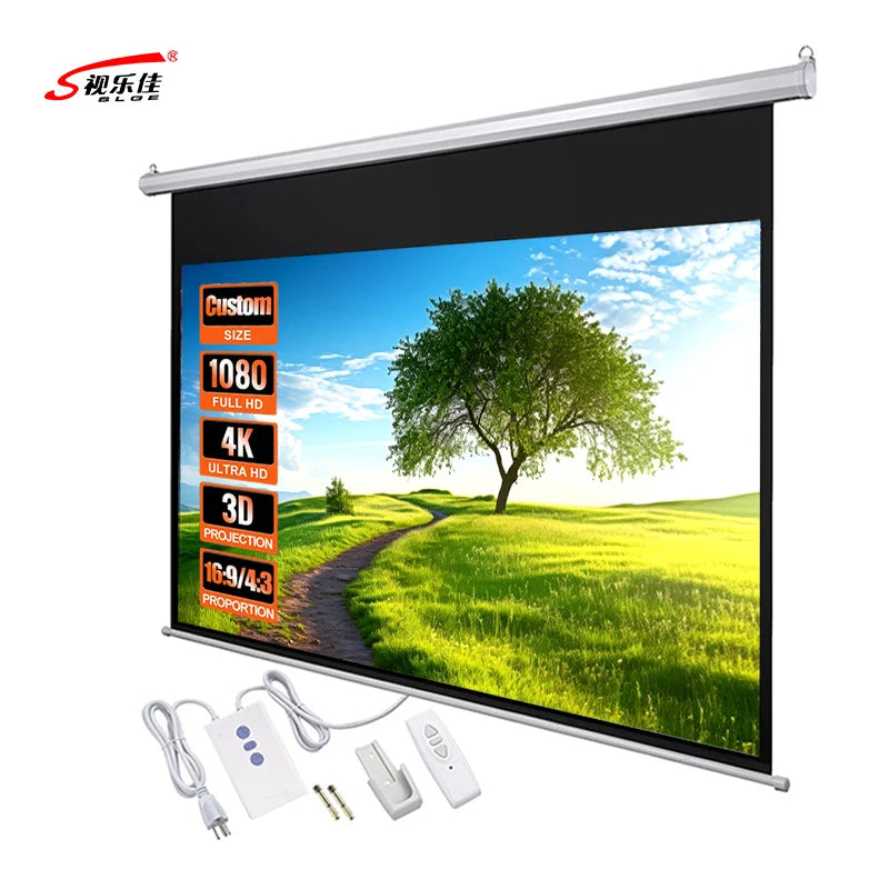 Automatic Lifting Electric Top Quality Remote Control Projector Screen 92 Inch White Fiberglass Ceiling and Wall Mounted Installation Indoor Outdoor Movies Music Home Theater Business Meeting Automatic Screen
