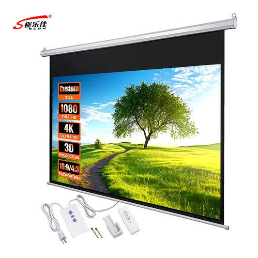 Automatic Lifting Electric Top Quality Remote Control Projector Screen 92 Inch White Fiberglass Ceiling and Wall Mounted Installation Indoor Outdoor Movies Music Home Theater Business Meeting Automatic Screen