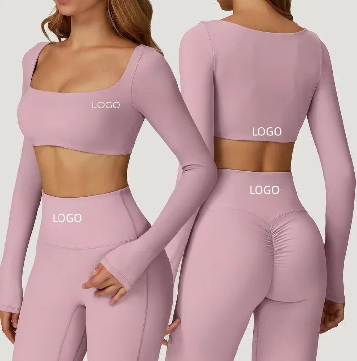 2-Piece Yoga Set Women Long Sleeve Square Neck Crop Top & High Waist Flare Pants Set Scrunch Butt Gym Fitness Activewear