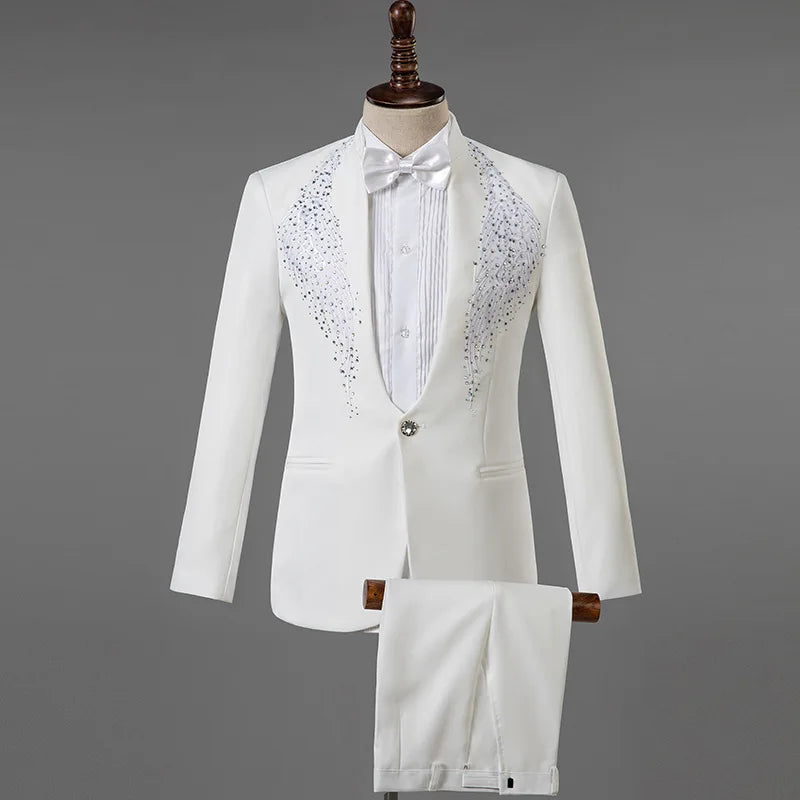 Father of Bride Men's Luxury Stand Collar Rhinestones Suit S-2XL New Fashion Embroidery Blazer Slim Set Wedding Evening Prom Party Night Business Party Celebrities Costume Gentleman Formal Apparel Supplies