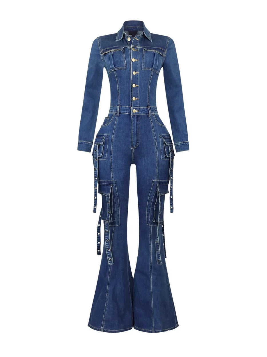 S-2XL Women Slim-Fit Flared Pants Multi-Pocket Denim Jean Jumpsuit Fashion Streetwear Bodysuit Casual Apparel Women Clothing Supplies