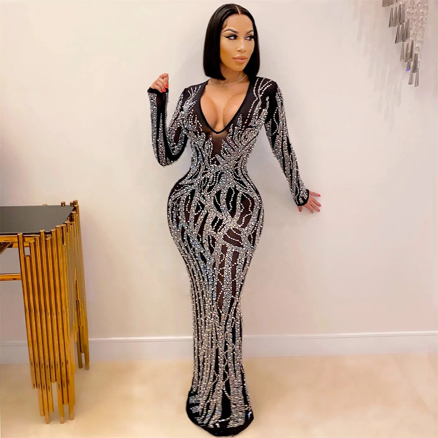NEW Stylish Women Long Sleeve Sexy High Split Deep V-Neck Mesh Rhinestone Crystal Luxury Cocktail Party Night Club Prom Diamond Dresses Evening Cocktail Party Wedding Guest Ladies Luxury Apparel Supplies