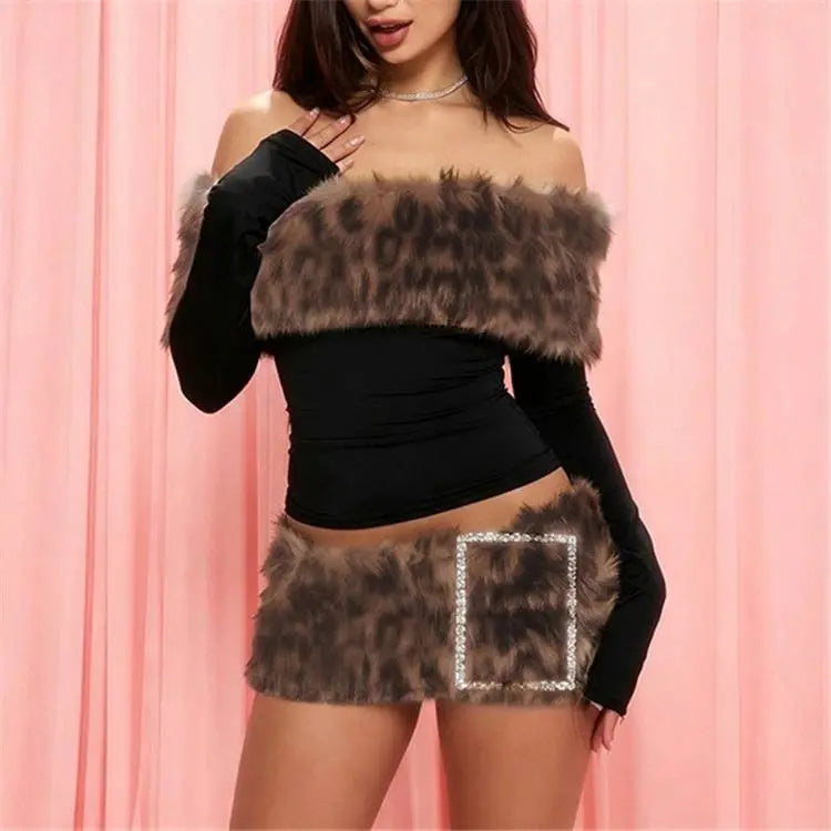 2 PCS Set Pink/Blue/Black Color Women Sexy Autumn Winter Fashion Women Evening Rave Party Night Clubwear Outfits Fur Leopard Splice Off Shoulder Crop Top and Fur Mini Skirt Women Sexy Clothing Supplies
