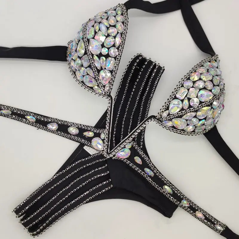 NEW!!!! V Collar Rhinestone Swimwear Diamond Bikini Set Push Up Swimsuit Bling Stones Bathing Suit