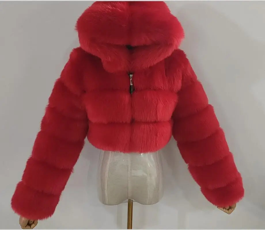 NEW Arrivals S-3XL Coffee/Dark Gray/Black Fashion Women Environmental Red Faux Fox Fur Coat with Hood Thick Warm Full Pelt Fake Fur Jacket Short Winter Woman Fur Coat Ladies Girls Luxury Fashion Clothing Supplies