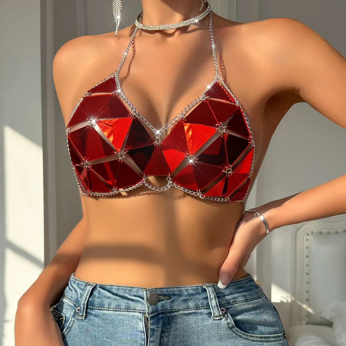 NEW Arrivals 7 Colors  Sexy Triangle Sequin Body Chain Women Party Club Beachwear Acrylic Shiny High Cut Top with Adjustable Straps
