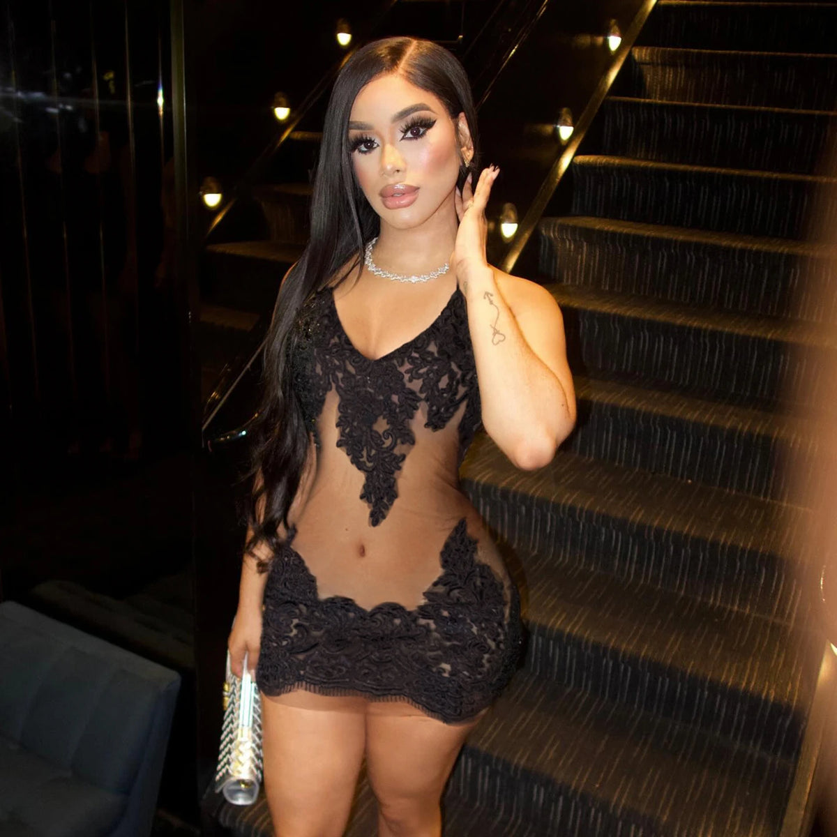 Super Sexy Sheer Mesh and Lace Trim, V-Neck, Spaghetti Strap, Backless, Fitted Mini Dress Night Clubwear Evening Party Dress
