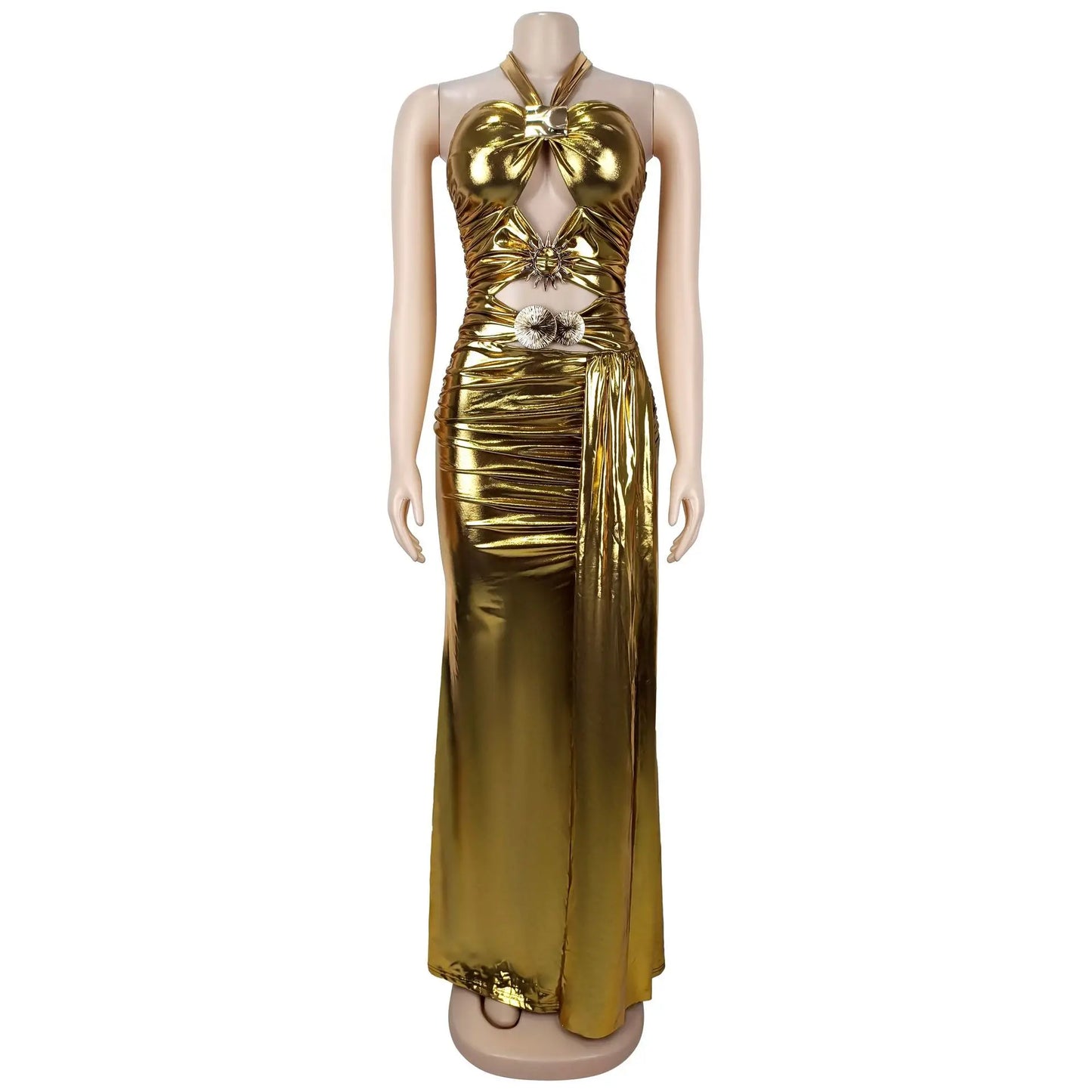 Back/Golden Color S-2XL Women Sexy Hot Lace Up Backless Halter Dress Bodycon Waist Cutout High Slit Floor Length Bronzing Solid Color Ladies Evening Party Maxi Gowns