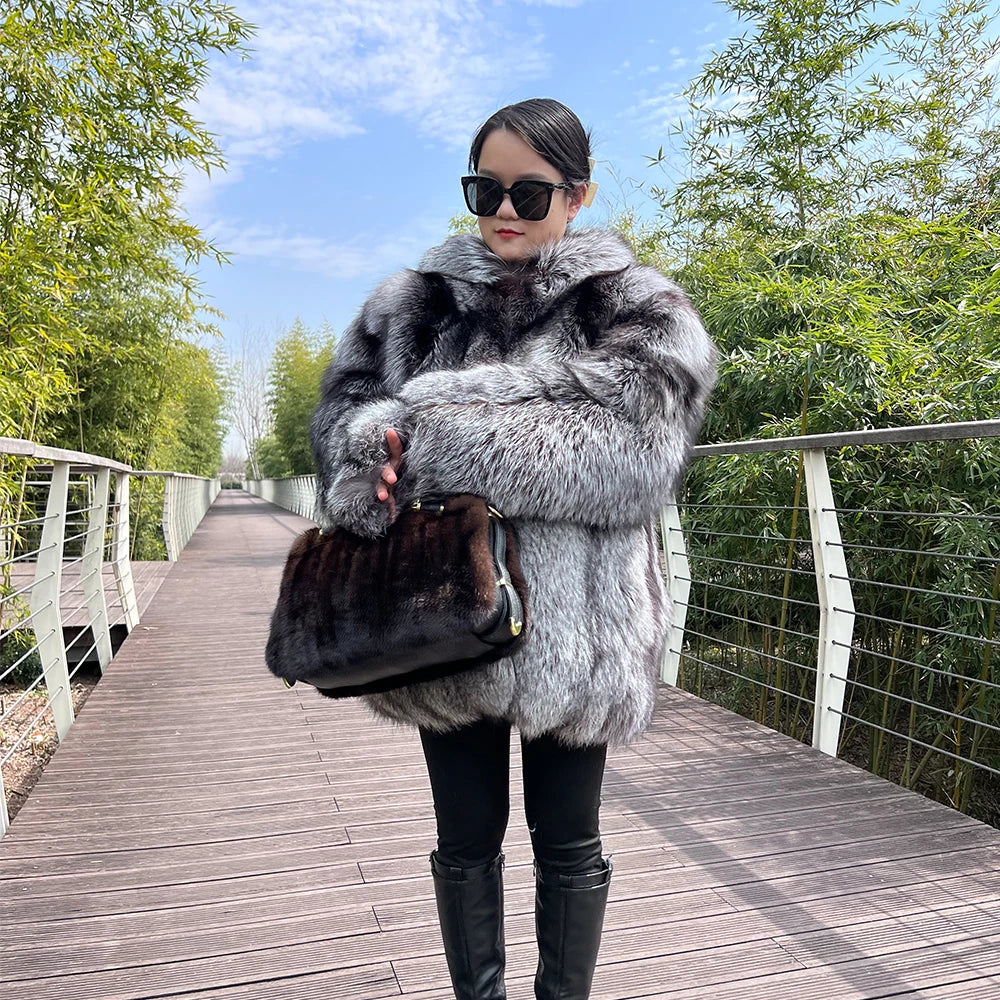 BEST PRICE S-2XL Ladies Luxury Top Quality Women's Winter Warm Real Silver Fox Mink Fur Jacket Long Coat Bigger Hood Cotton Filling Poncho Outerwear Jackets Wedding Guest Celebrities Evening Party Ladies Luxury Apparel Suppli