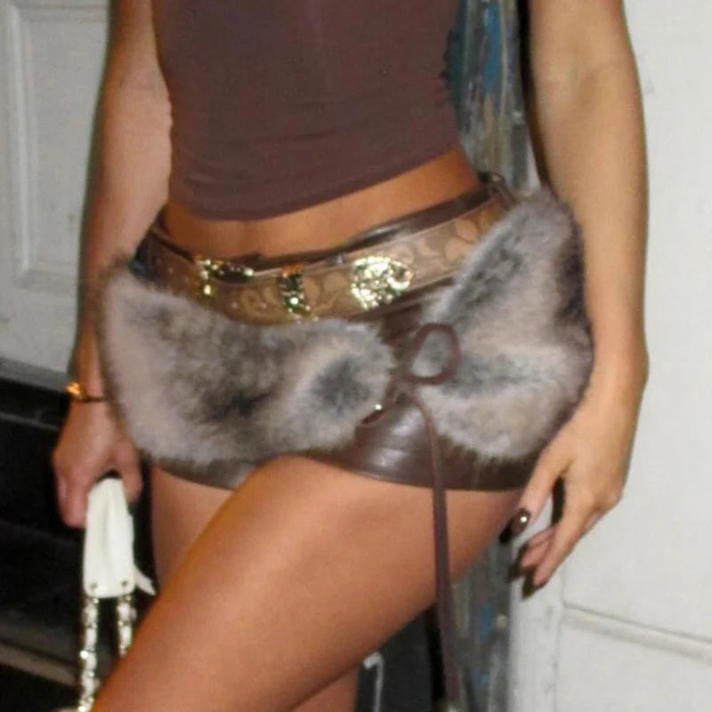NEW Arrivals Women Autumn Winter Sexy Fashion Low Rise PU Leather Hot Pants Women Retro Baddie Style Bodycon Artificial Fur Shorts Evening Rave Party Night Clubwear Women Sexy Clothing Supplies