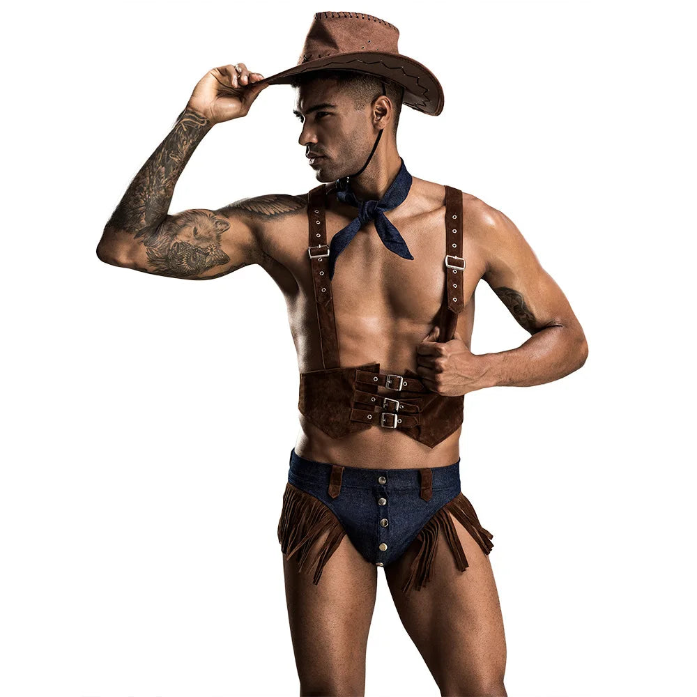 Gay 4Pieces Men Role Play Sexy Cowboy Uniform Set Cosplay Gay Bar Dance Costume Outfit