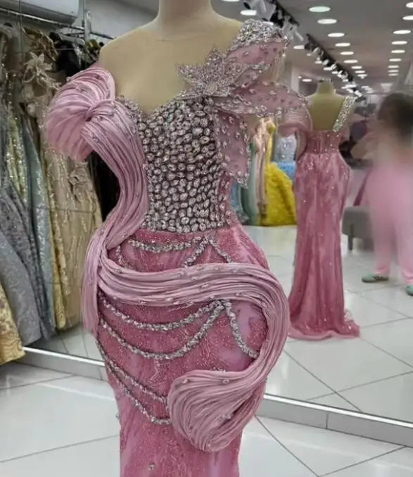 Boutique Gala HOT SALE Luxury Wedding Dress S-3XL Pink/Ivory Color Crystal Beaded Mermaid Gown ASO EBI Evening Party Prom Wear Sparkling Evening Dress Red Carpet Celebrities Gowns Ladies Luxury Apparel Supplies