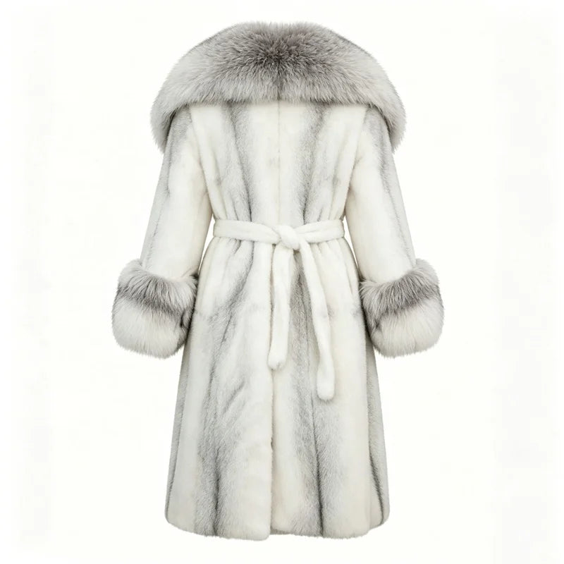 Black/White Color Women's Elegant Thick Woven Plush Artificial Fur Coat Big Lapel Fox Collar Belt Waist Long Winter Warm Eco-Friendly Plain Dyed Outerwear Windproof Long Jackets Ladies Winter Apparel Supplies.
