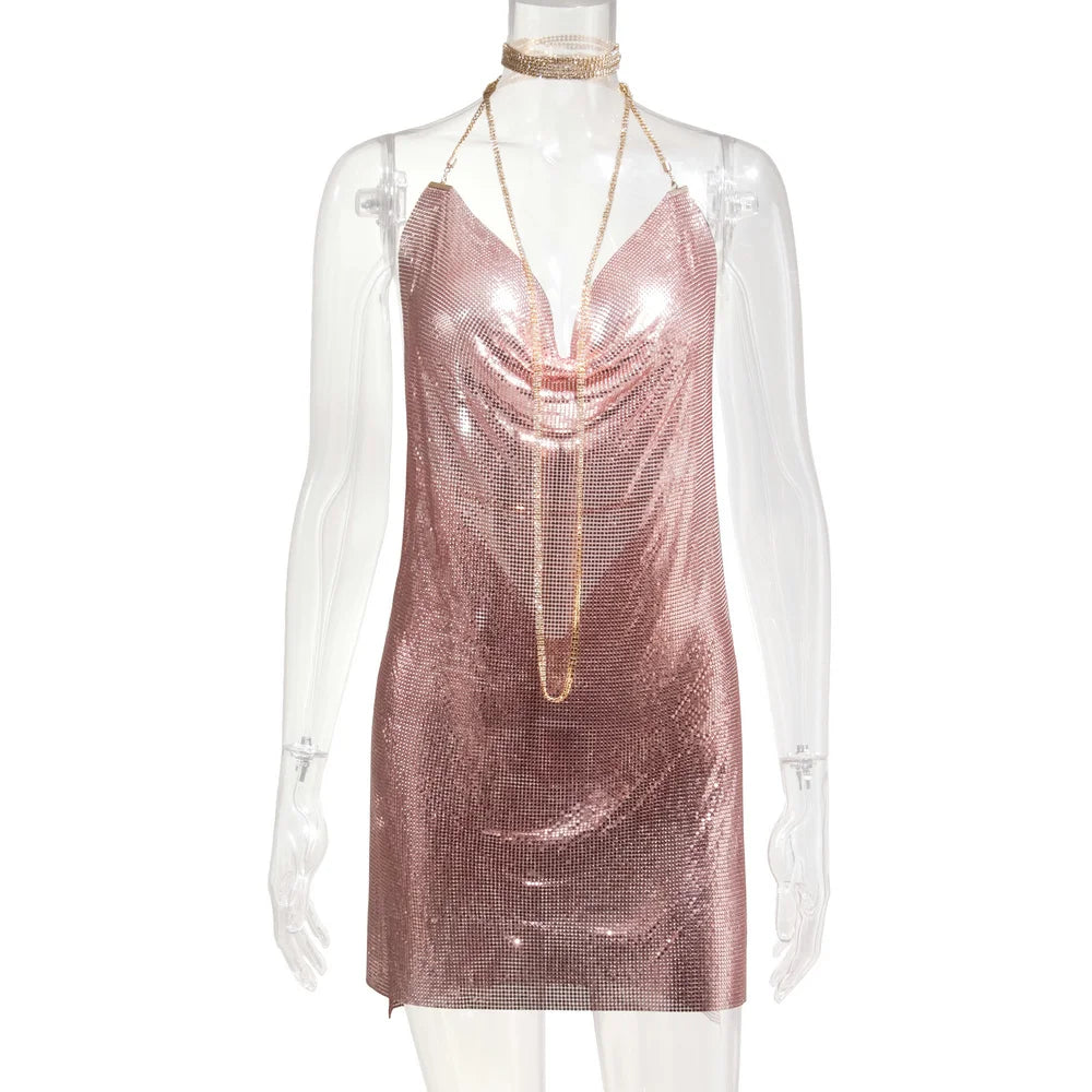 10 Colors Women's Sexy Diamond Halter Metal Party Dresses Gold Silver Summer Evening Beach Party Slit Dress Backless Sequins Night Clubwear Hot Mini Dress Women Clothing Supplies