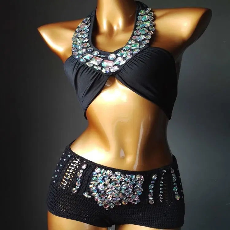 Sexy Bikini Set Diamond Rhinestone Swimwear Push Up Handmade Crochet Bathing Suit High Waist Swimsuit