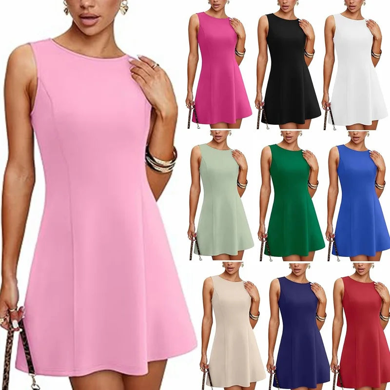 10 Colors Sexy Women's Sleeveless Round Neck Solid Color Slim Simple Mini Dresses Spring Summer Fashion Women Apparel Supplies