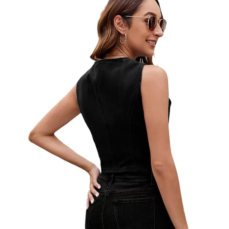 Black/Blue Color Women's Sexy High Quality Sleeveless Button-Up Cropped Washed Knitted Denim Fabric Casual Outerwear Women's Vest Spring Summer Jean Tops Streetwear Casual Clothing Supplies