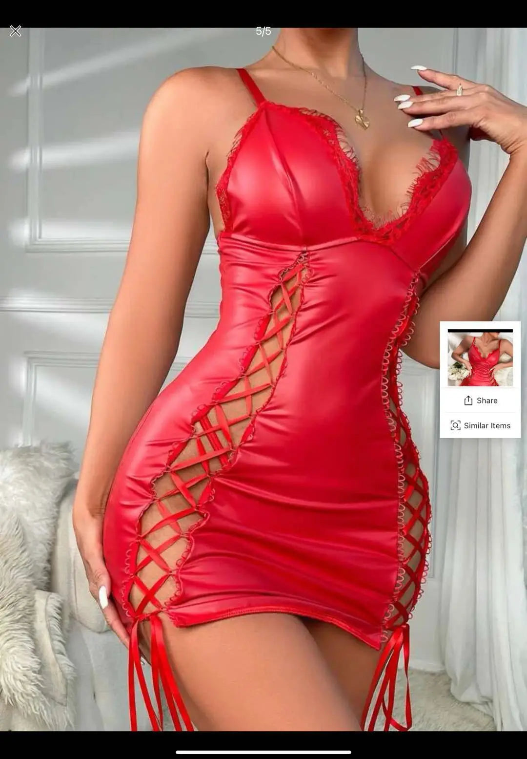 Sexy Hot S-2XL Black/Red Color Women's Cross-Border Supply European American Sexy Women's Patent Leather Dobby Fabric Suspender Side Split Hip Mini Dress