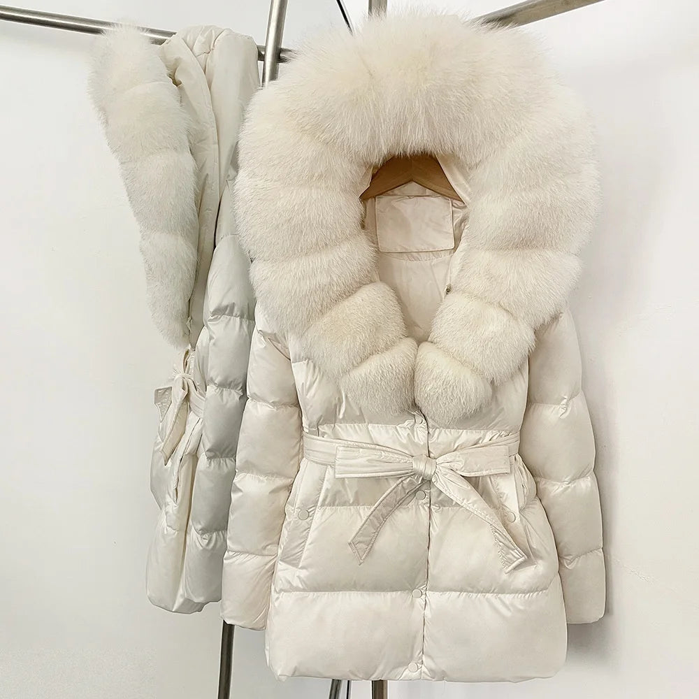 BEST PRICE 15 Colors European High End Winter Hoodie Warm Midi Length Large Real Natural Silver Red Fox Fur Thick Bubble Coats Down Coat Snow Outerwear Parkas Jackets Women Winter Apparel Supplies