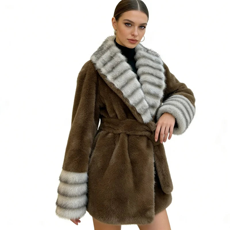 Black/Beige/Brown Color S-2XL Women's Premium Top Quality Artificial  Fur Coat Contrast Striped Wide Lapels Waist-Cinching Slim Fit Adjustable Waistline Eco-Friendly Thick Outerwear Jackets Ladies Luxury Clothing Supplies