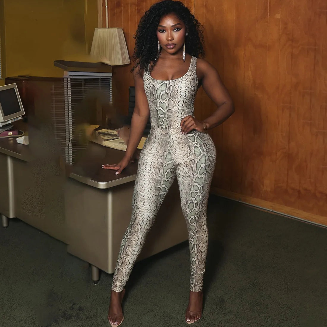 2 PCS Set Spring Summer Sexy Women's Snakeskin Backless Bodysuit and High Waist Ankle-Length Pants + Tops  Animal Print Loose Fit Night Clubwear Evening Beach Party Women Sexy Apparel Supplies
