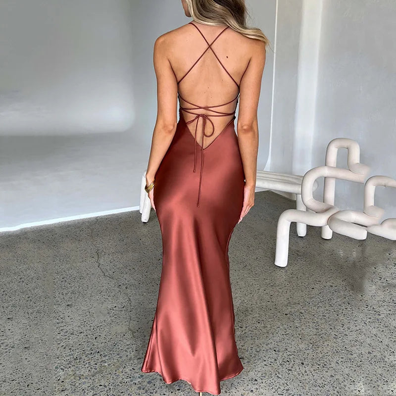 Autumn Spring Satin Backless Lace Up Mermaid Slip Sexy Dress Women Sweetheart Neck Sexy Slim Bodycon Dresses Elegant Silk Gown Evening Party Night Clubwear Ladies Sexy Apparel Supplies